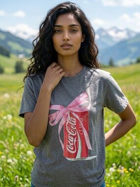 Coca Cola Gray Tee with Red Can and Pink Ribbon